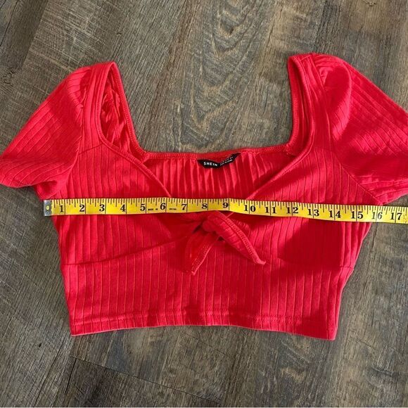 SHEIN Crop Top Red Ribbed Stretch Front Tie Festival Party - Picture 8 of 9